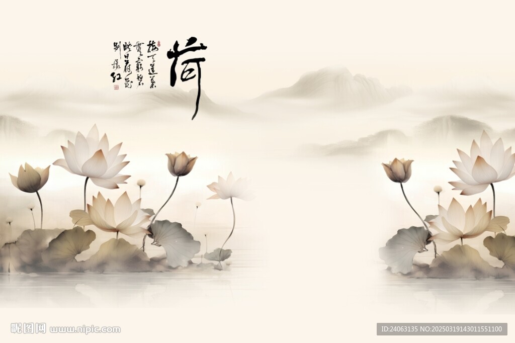 國畫荷花山水背景墻
