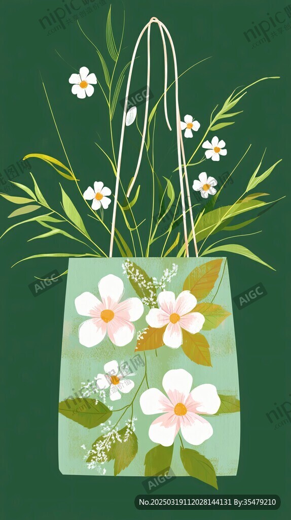 綠色手提袋中的白色花朵