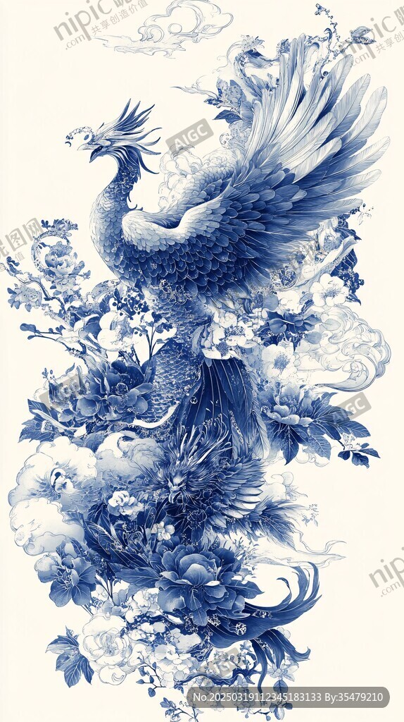 神話中的鳳凰與花卉的交響曲