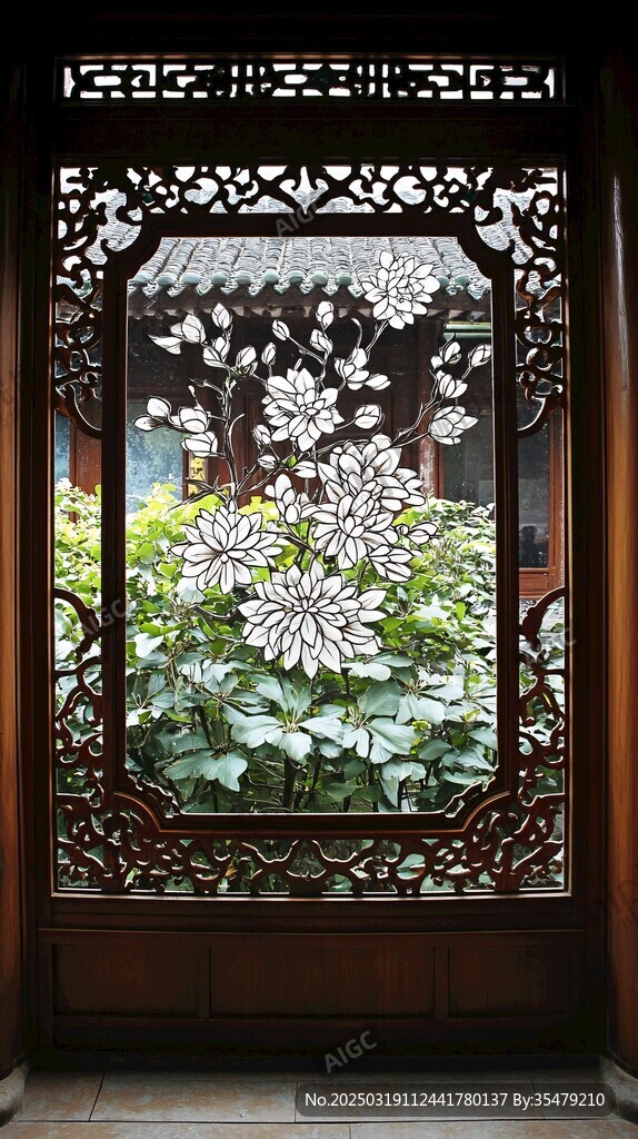 木窗花紋透視綠植景觀