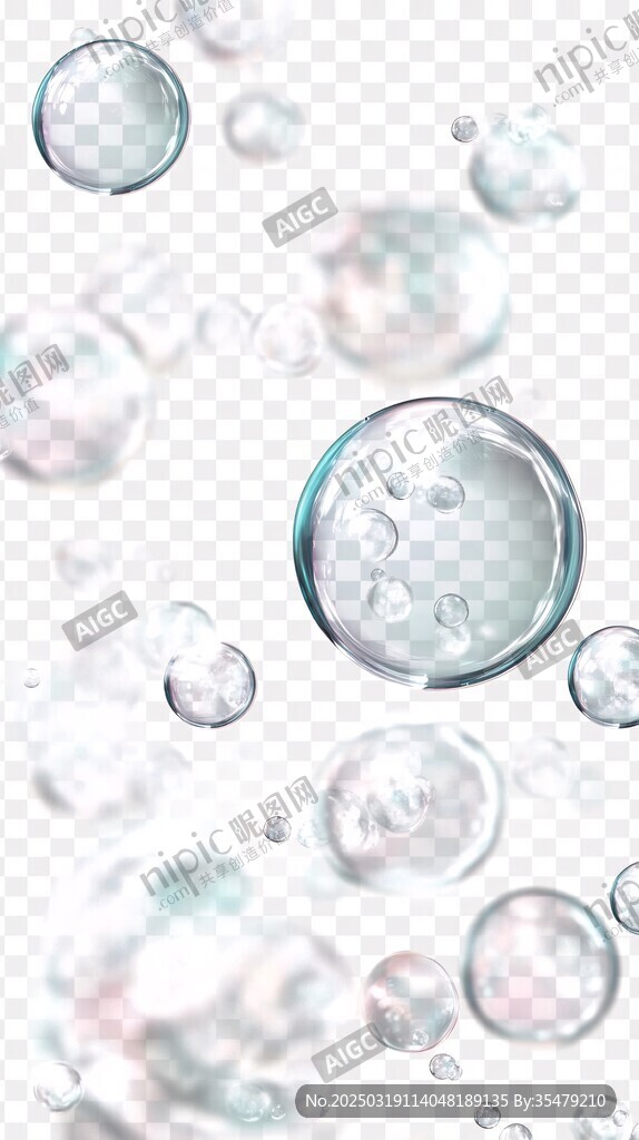 清澈的水泡在透明背景上浮動