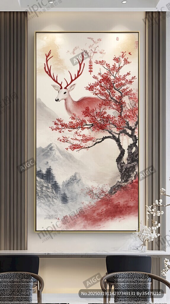 紅鹿山水畫
