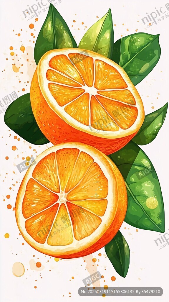橙子切片與綠葉的藝術插畫