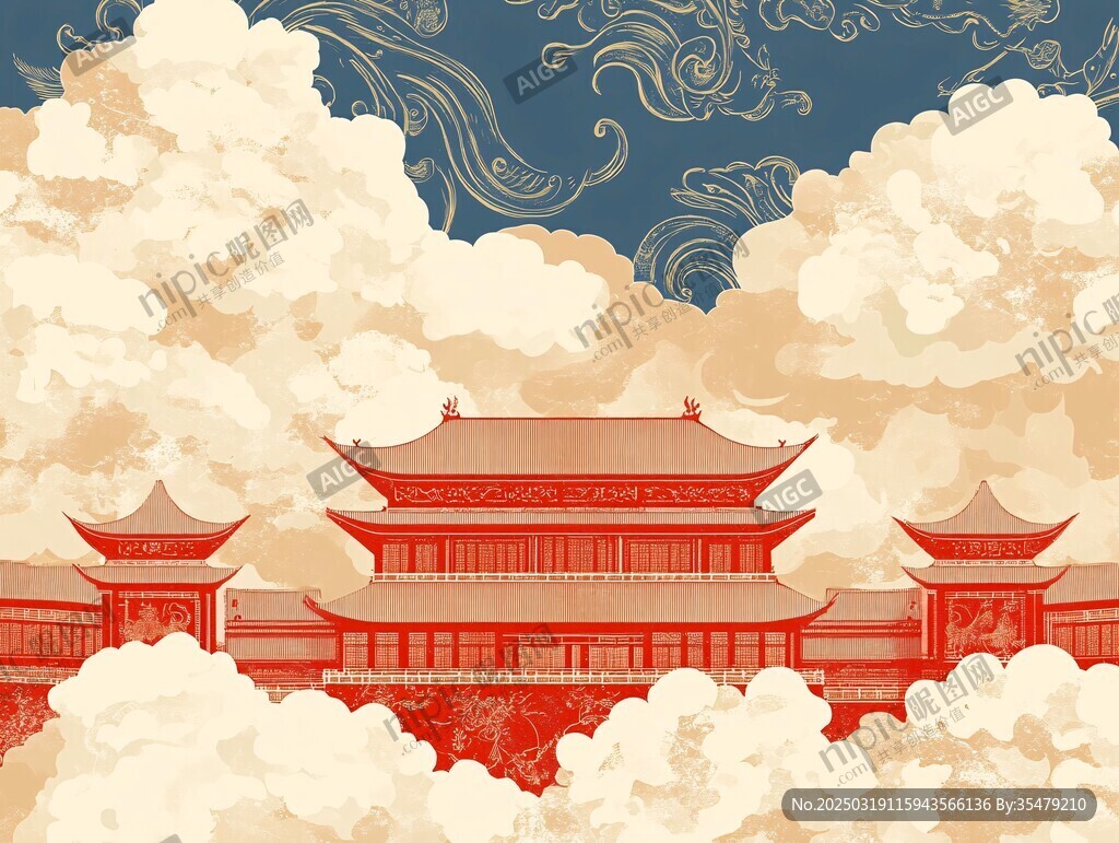 云霧中的古宮殿