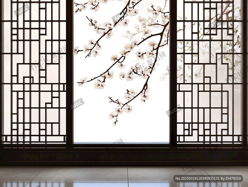 春日里 白墻黑格 花朵映照