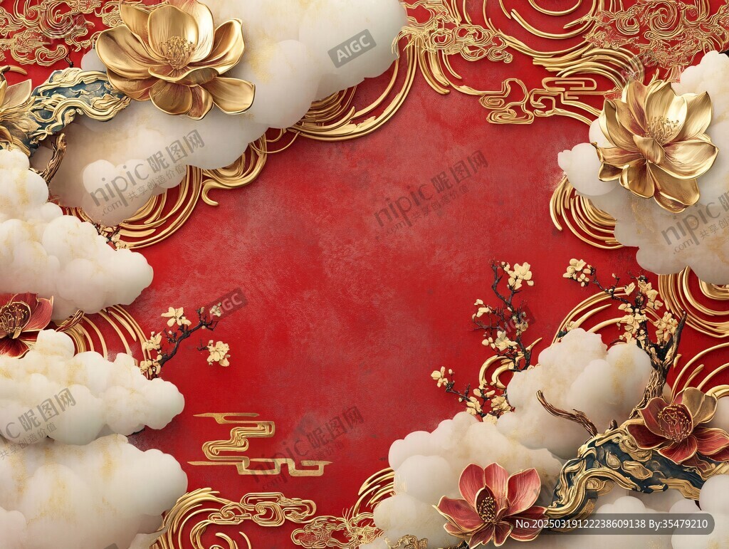 紅色云朵上的金色花朵