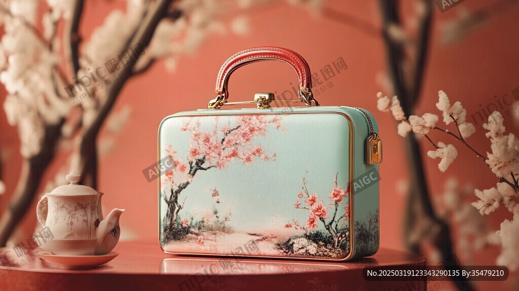 復古風格手提包 梅花圖案 紅色手柄 圓形桌子 陶瓷茶具