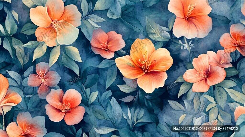 橙色花卉與藍(lán)色背景的繪畫作品