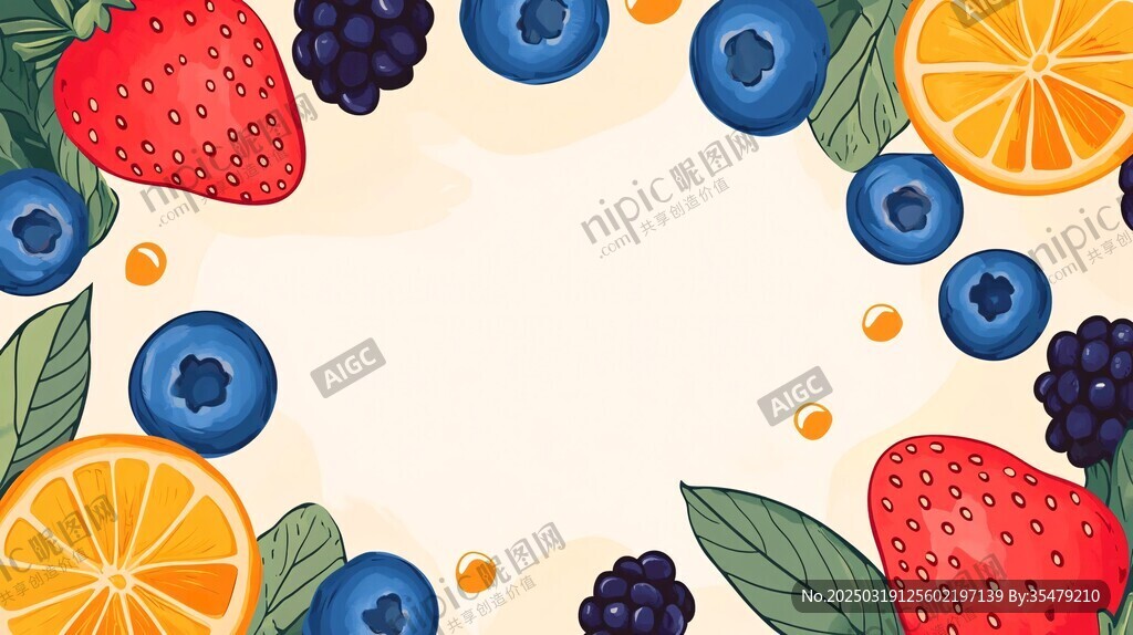 多彩水果與綠葉的生動集合