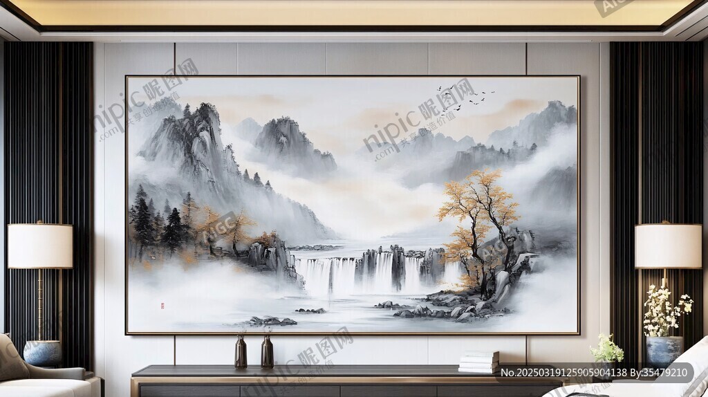 山水畫中的瀑布與秋樹