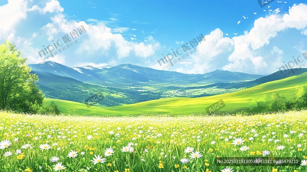 藍天白云下的山谷花海