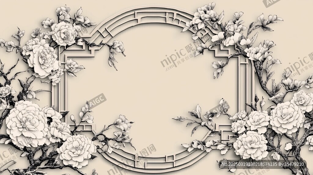 淺米色背景上的白色花朵和圓形框架