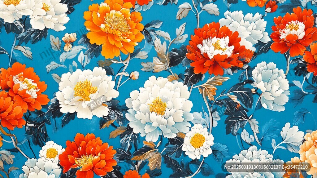 藍(lán)色背景下的橙白花卉圖案