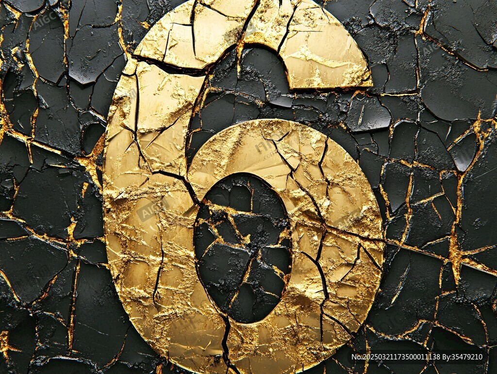 金色數(shù)字6 背景為裂紋黑色表面