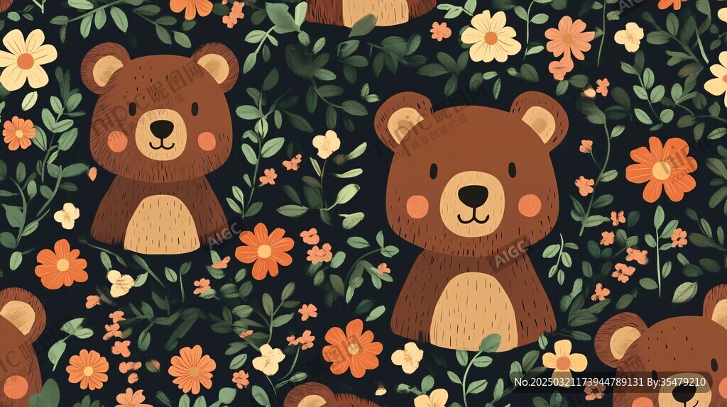 可愛的森林熊和花朵