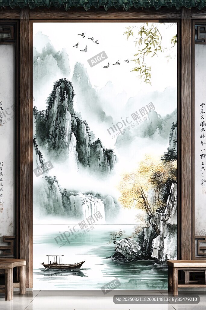 山水畫中的小船與秋景