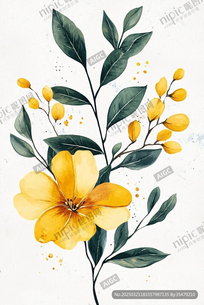 水彩黃花綠葉