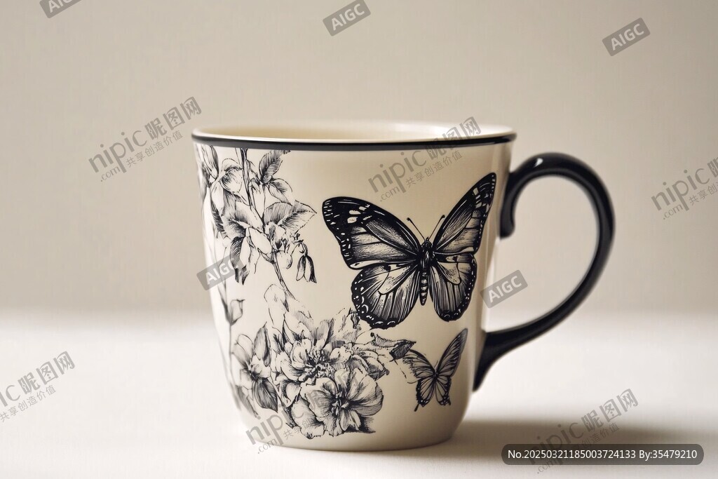 黑白陶瓷杯蝴蝶花卉圖案
