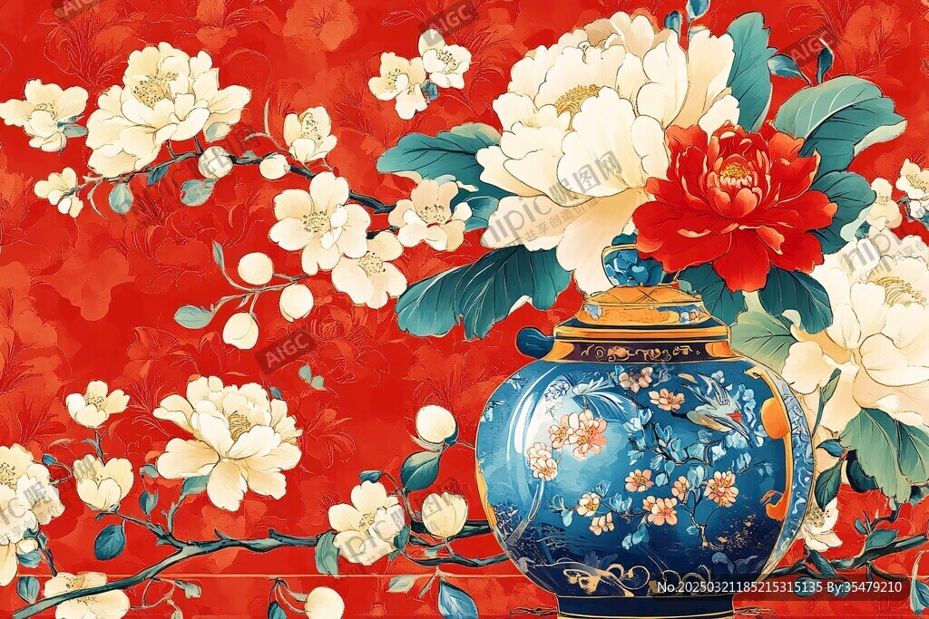 紅墻藍(lán)瓶花卉圖