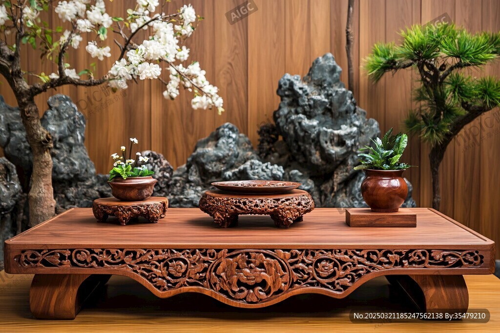 木制雕刻桌子與盆景的和諧展示