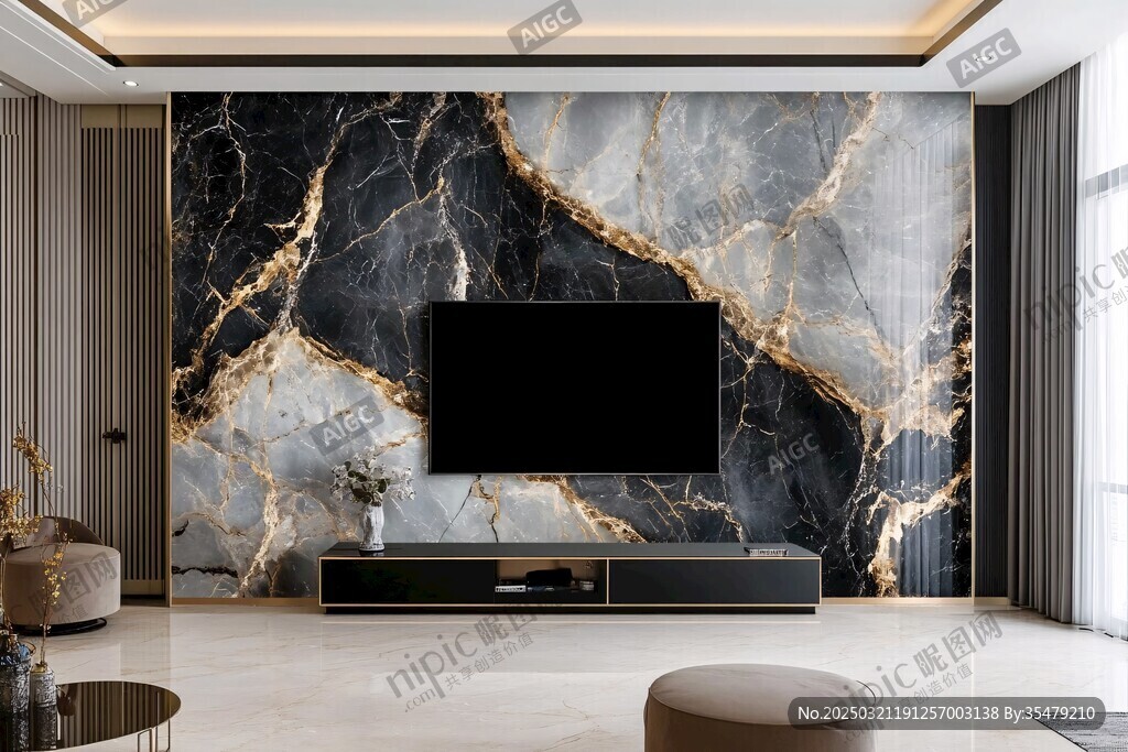 現(xiàn)代奢華客廳 marble wall and black TV
