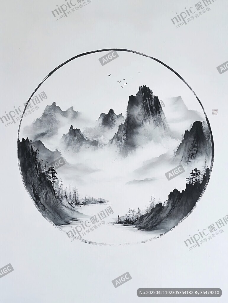 山水畫圓形圖案