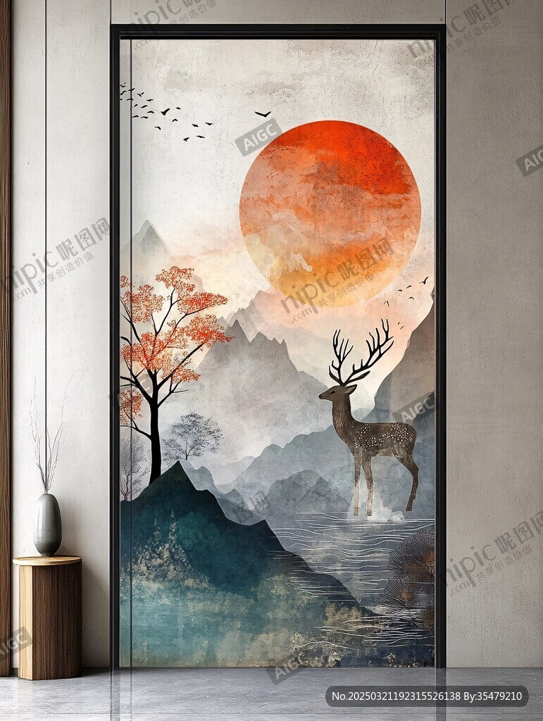 鹿與日出山水畫