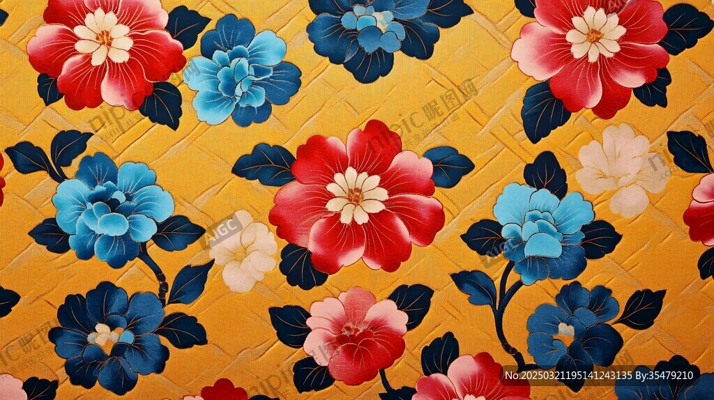 金黃色背景上的紅藍(lán)牡丹花紋