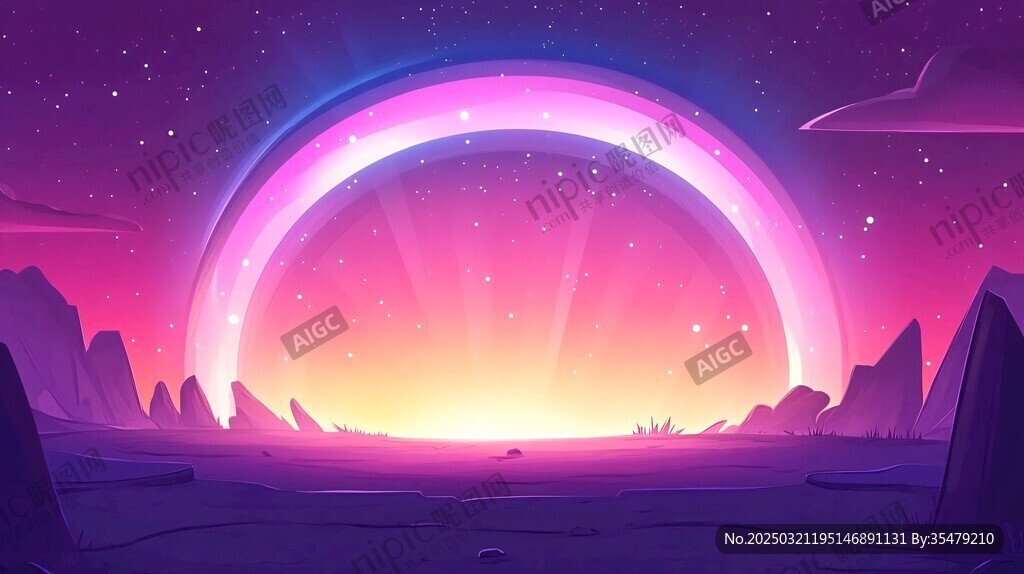紫色星空下的彩虹拱門