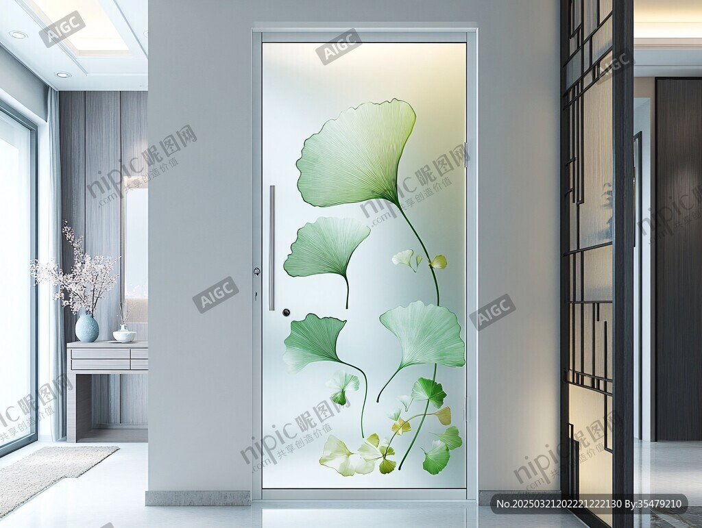 綠色玻璃門上的銀杏葉圖案