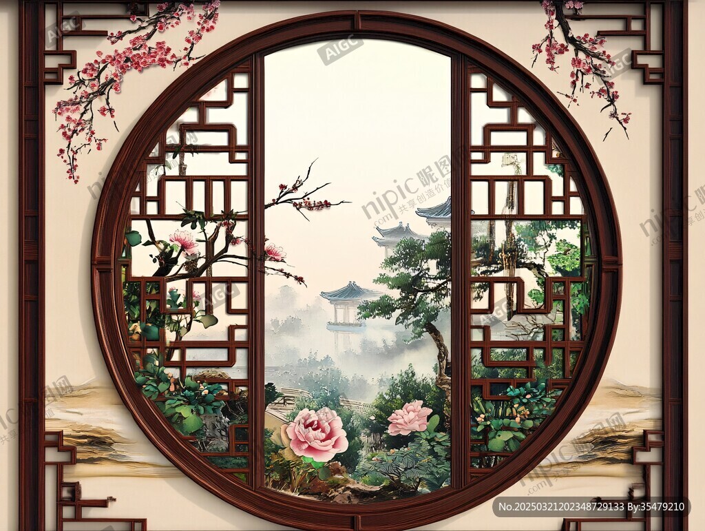 中國古典圓形窗紗畫