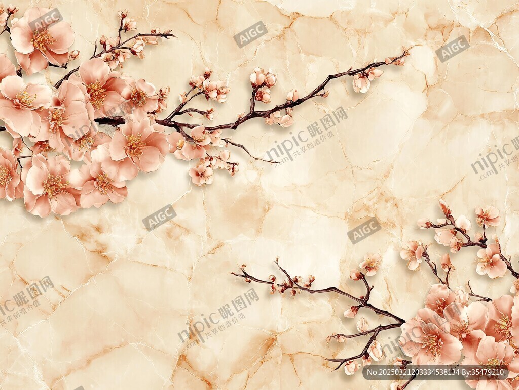 桃花映照大理石紋理