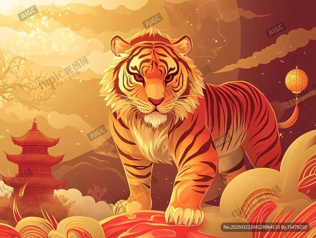 老虎守護著東方的神秘寶塔