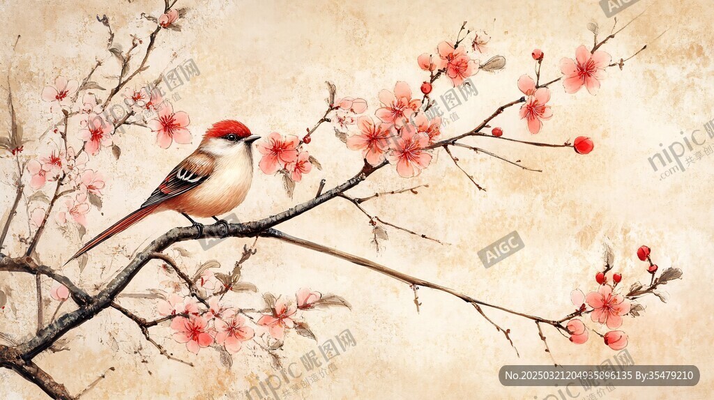 春鳥棲息在桃花盛開的枝頭