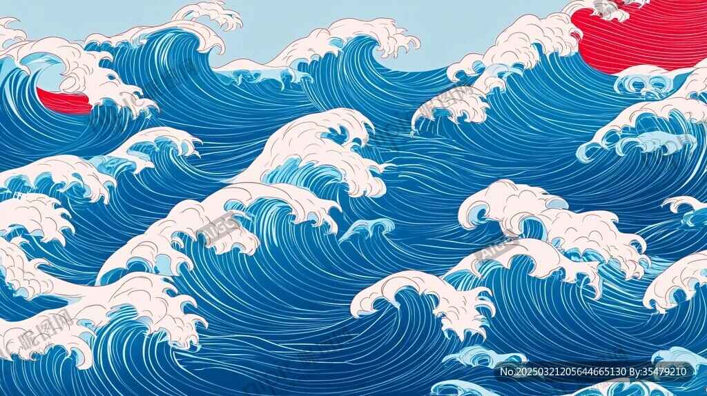 波濤洶涌的海浪與紅日