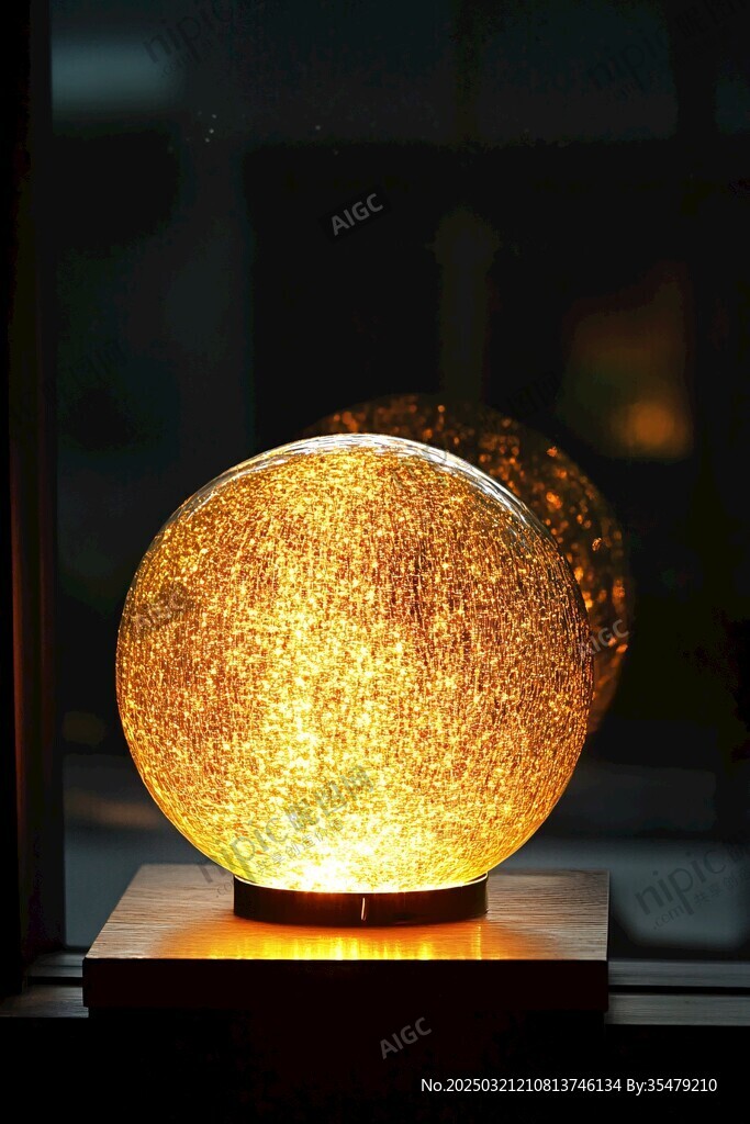 金色臺(tái)燈 木質(zhì)底座 透明玻璃球 室內(nèi)裝飾 溫馨氛圍