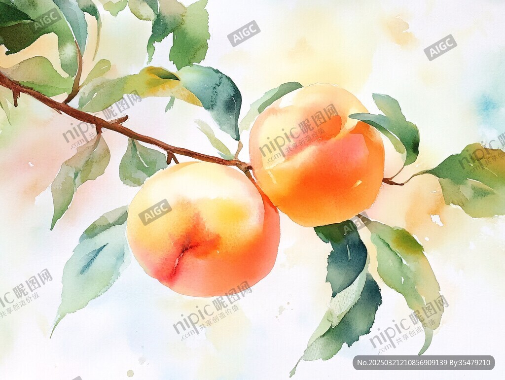 水彩畫中的桃子與葉子