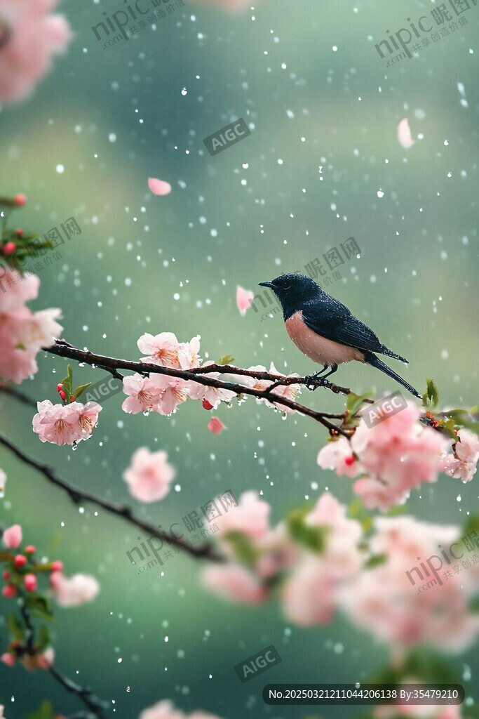 春雨中的桃花與小鳥