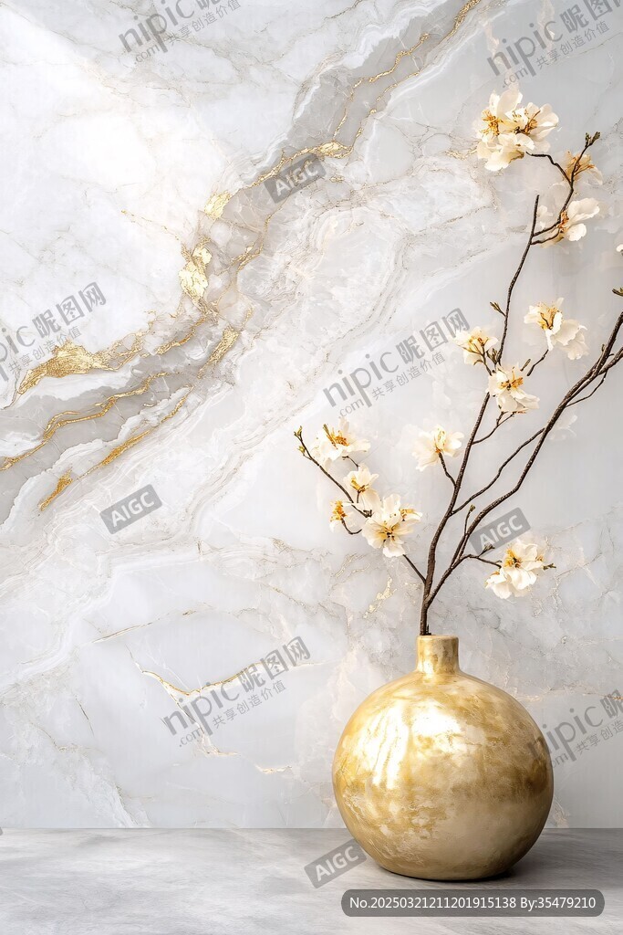 金色花瓶與白色花朵 背景為大理石紋理
