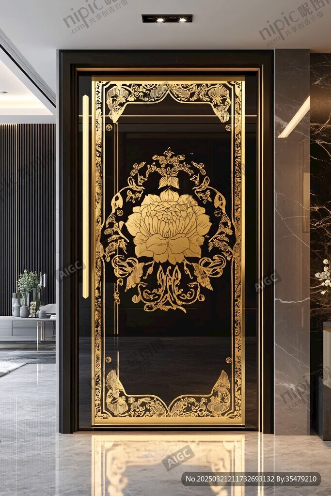 奢華金色花卉圖案玻璃門