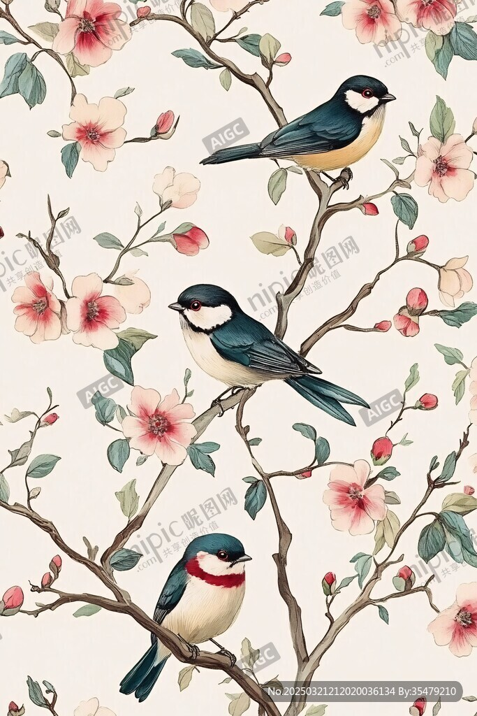 春鳥(niǎo)圖案與花卉設(shè)計(jì)