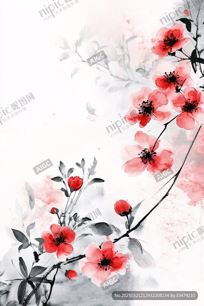 紅花水墨畫