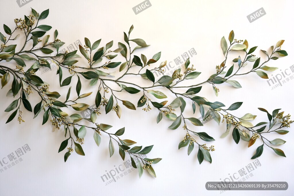 綠色植物枝條在白色背景上的藝術表現