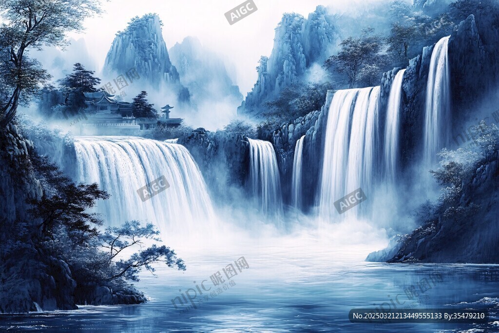 山水畫中的瀑布與寶塔