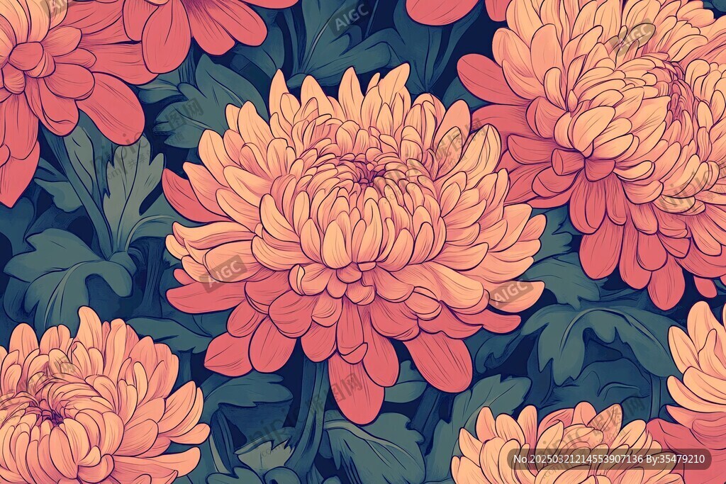 橙色菊花與綠葉的圖案