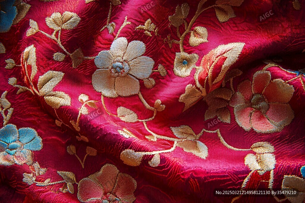紅色綢緞上的金色花卉刺繡