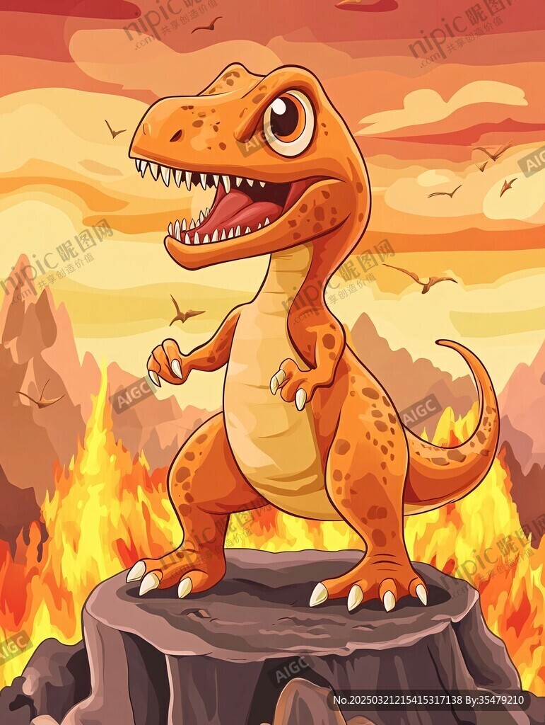 火山背景中的卡通恐龍