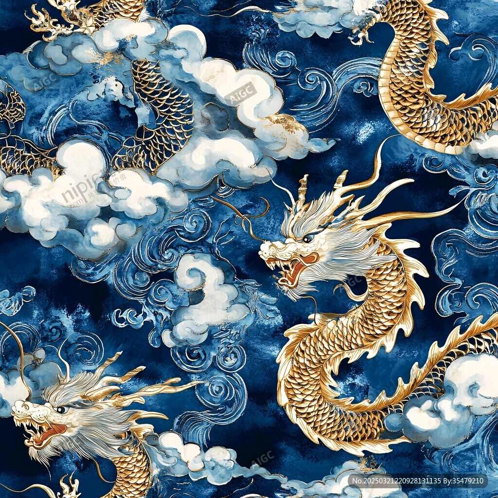 金龍騰空于藍天白云間