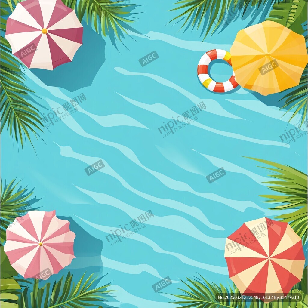夏日泳池畔 遮陽傘與救生圈共舞