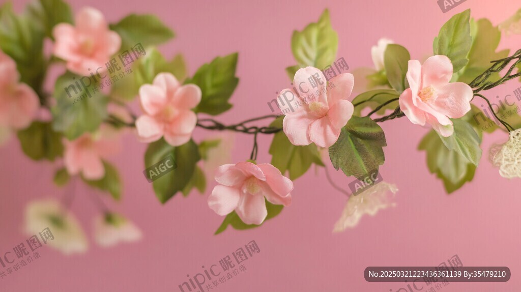 粉色花卉與綠葉的藝術(shù)性組合